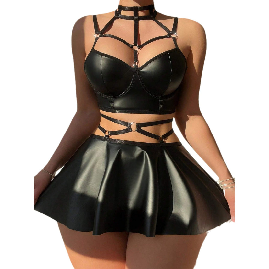 Black Leather-Look Pleated Skirt Lingerie Set, alternate view 5
