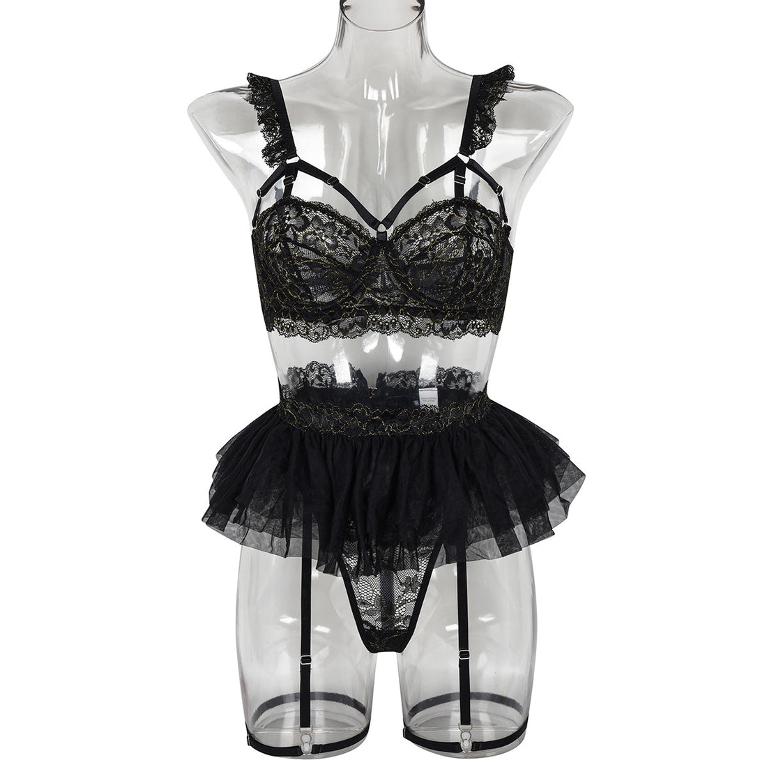 Strappy Three-Piece Lingerie Set With Bra and Belt - Alternate View