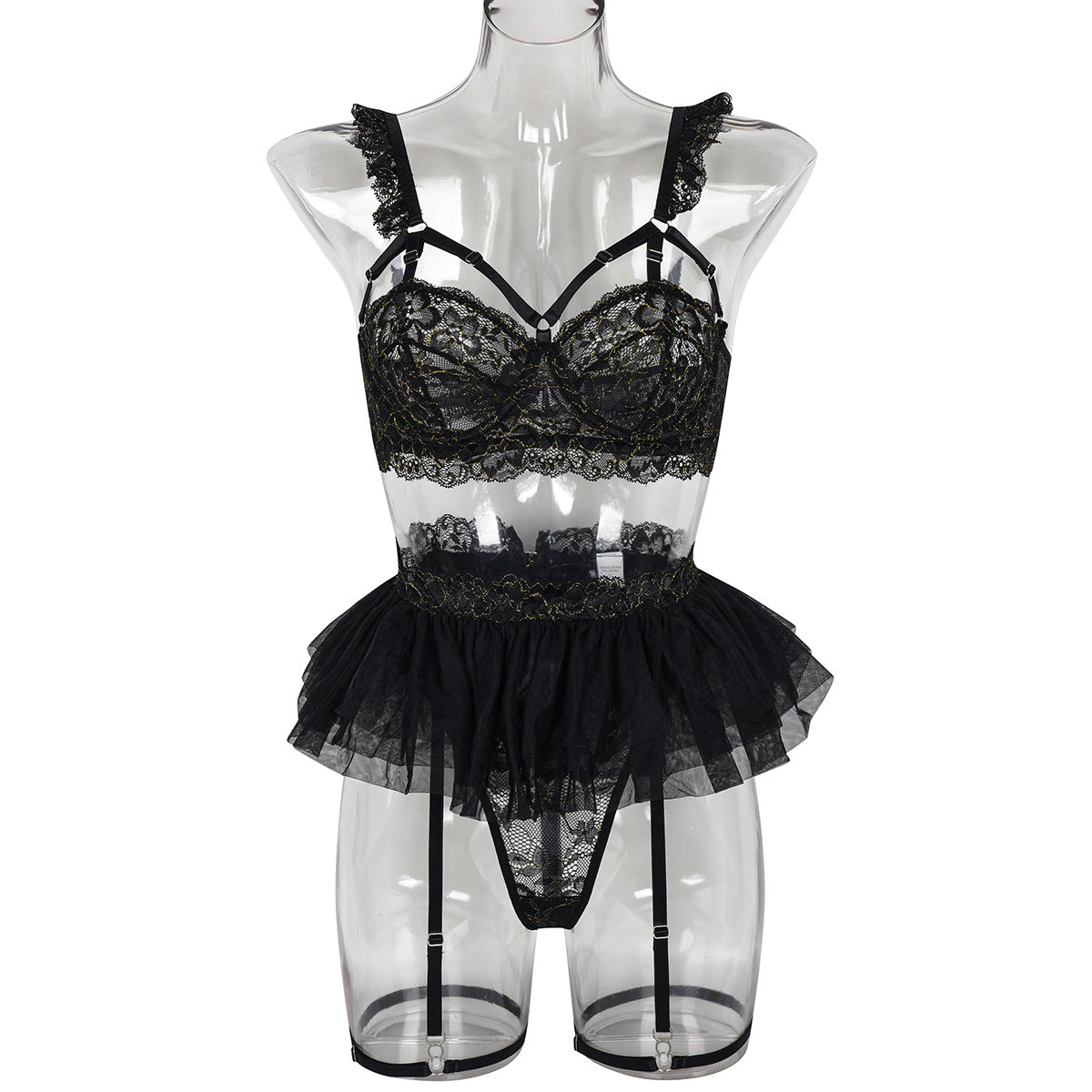 Strappy Three-Piece Lingerie Set With Bra and Belt - Alternate View