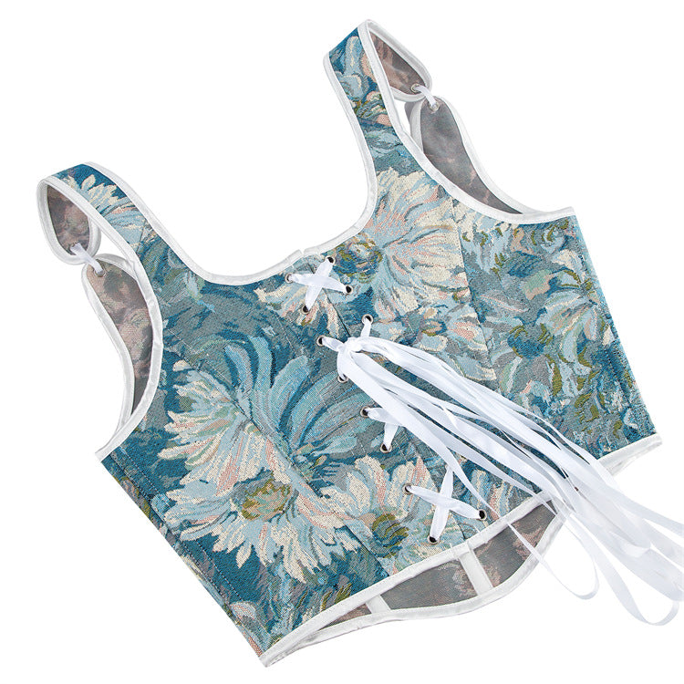 Blue Floral White Tie-Strap Corset Top, alternate view 5