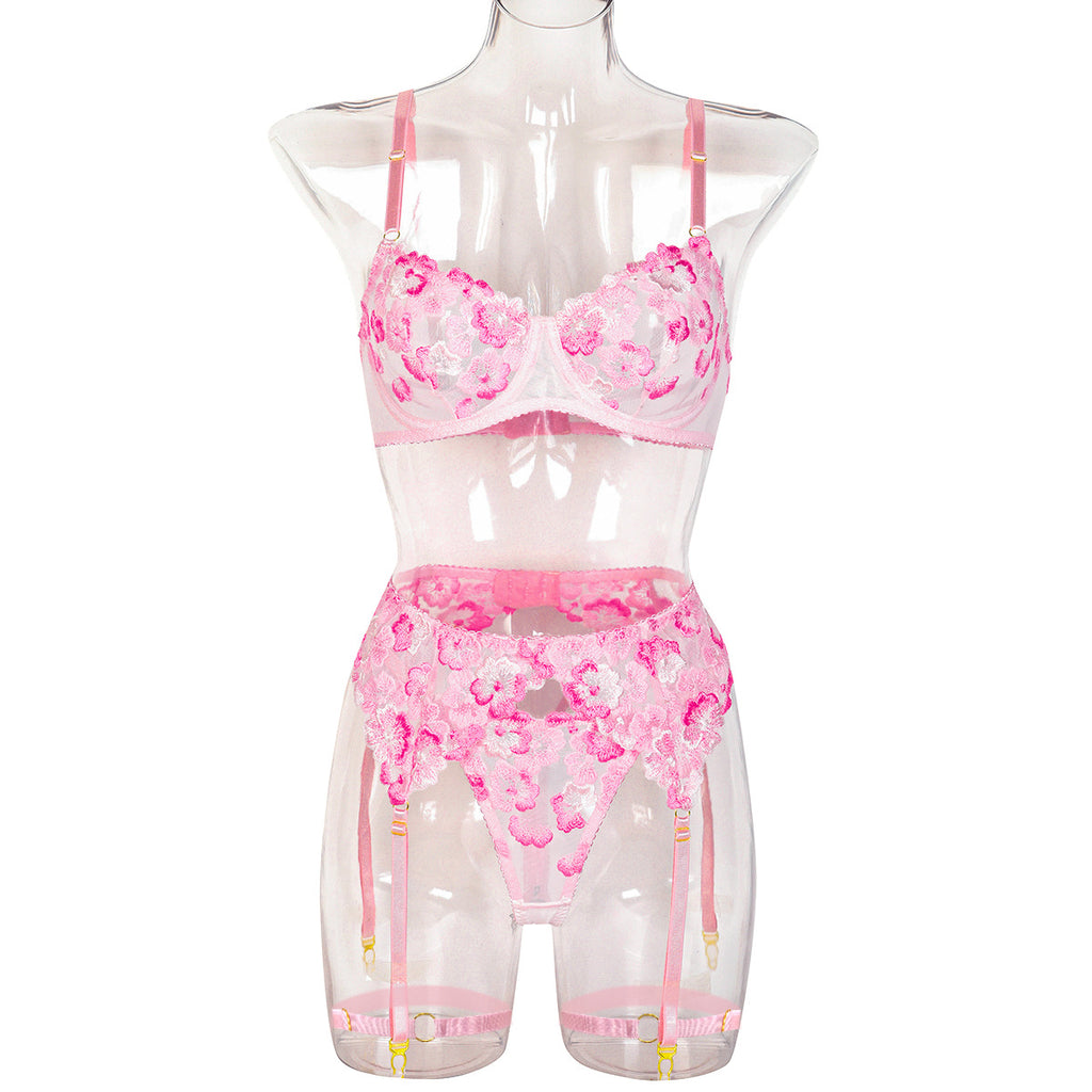 Lace Floral Lace Garter Lingerie Set - Alternate View