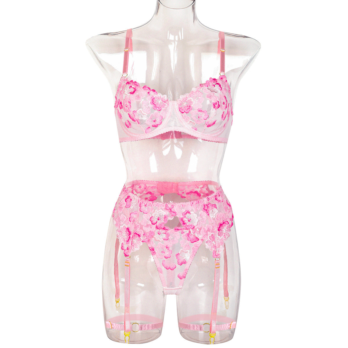 Lace Floral Lace Garter Lingerie Set - Alternate View