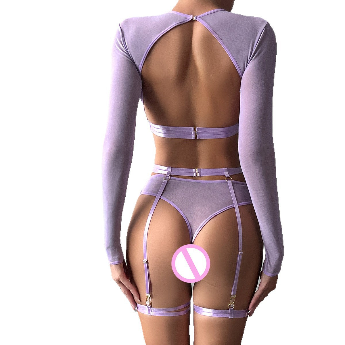 Mesh Faux Leather Three-Piece Lingerie Set - Styled View