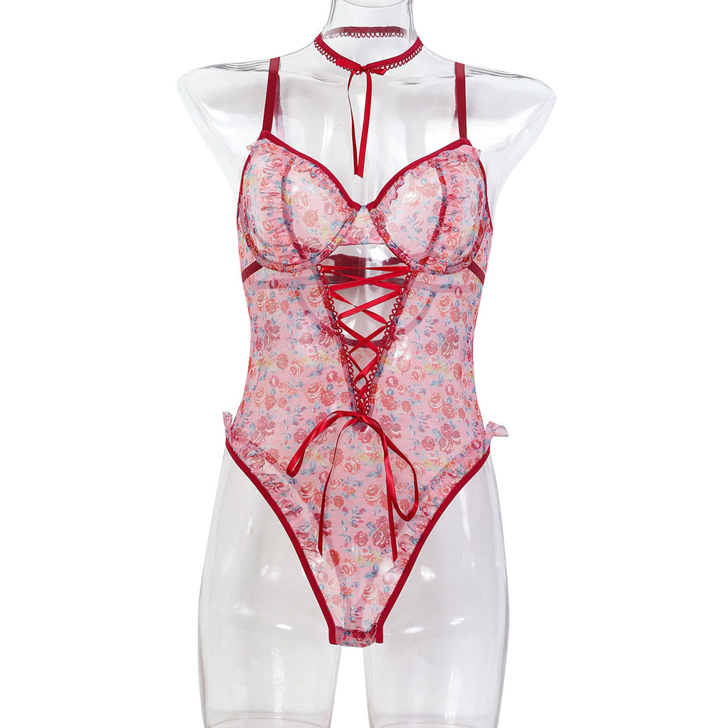 Wine Red Lace Strappy Teddy Bodysuit - Alternate View