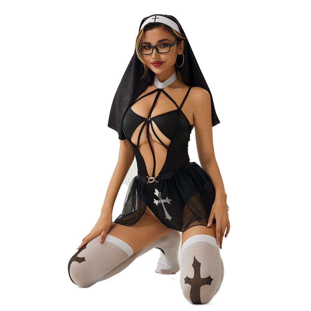 Uniform-Inspired Costume Lingerie Set With Top and Hat and Stockings - Alternate View