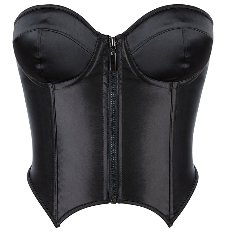 Black Leather-Look Zip-Front Corset Top