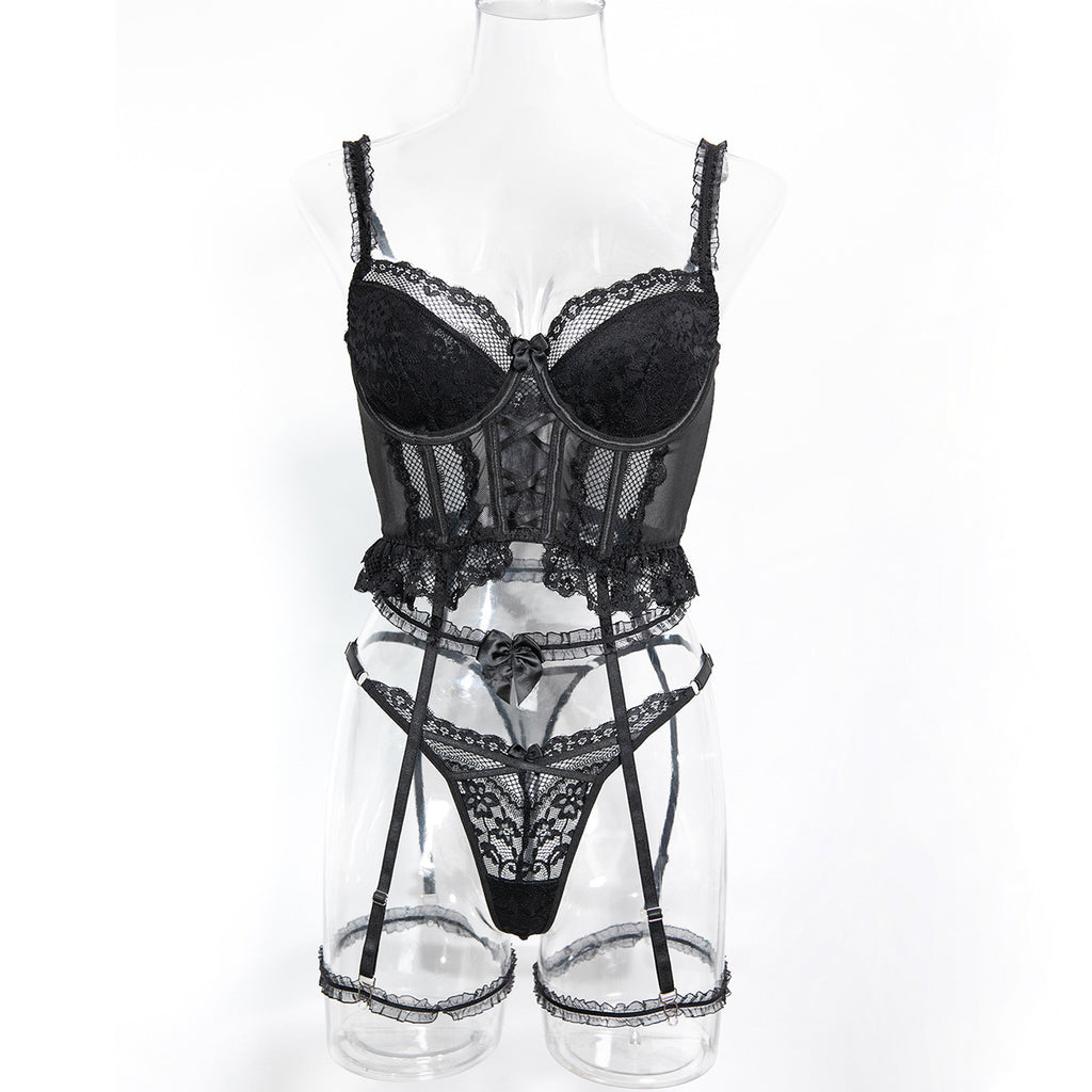 Lace Strappy Three-Piece Lingerie Set - Styled View