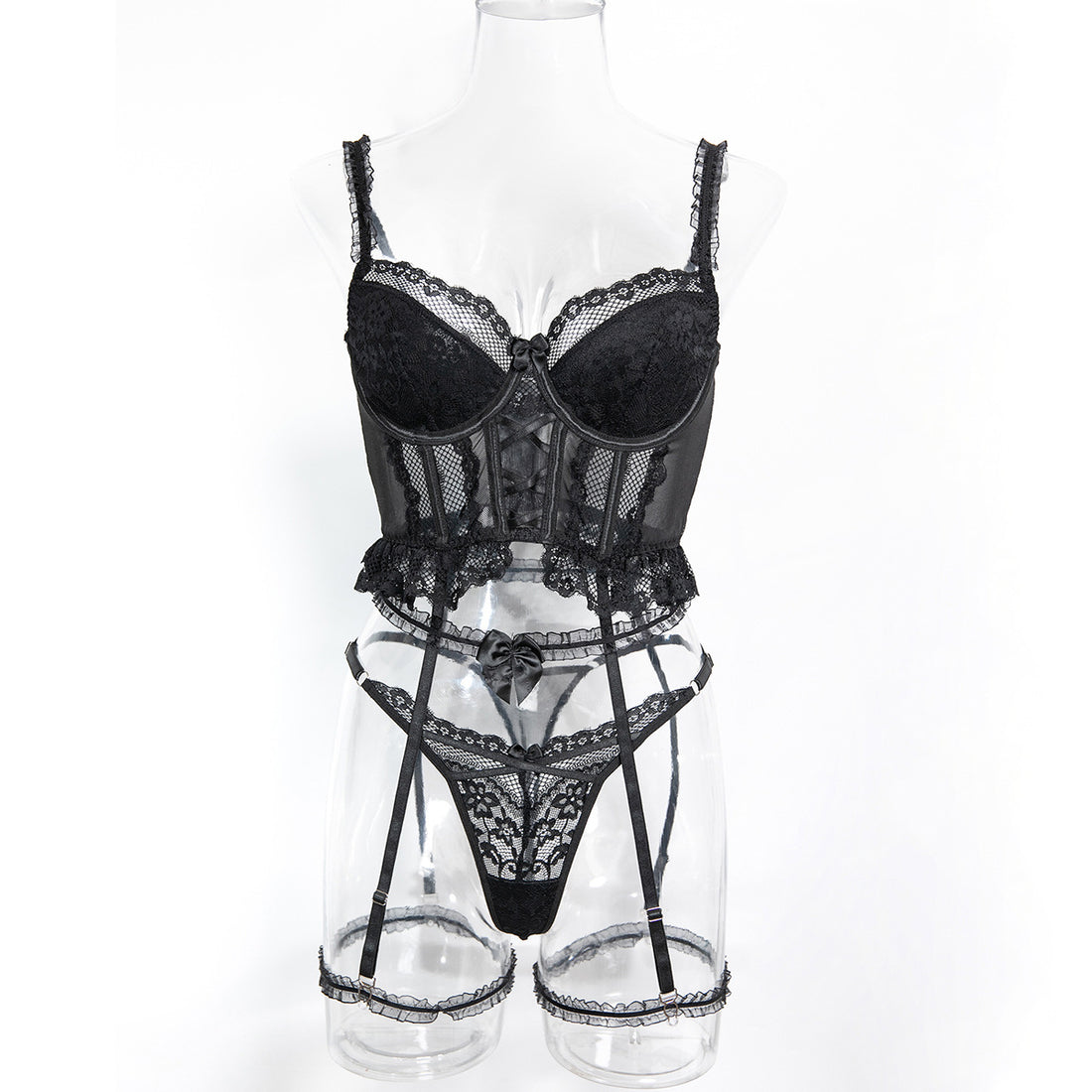 Lace Strappy Three-Piece Lingerie Set - Styled View