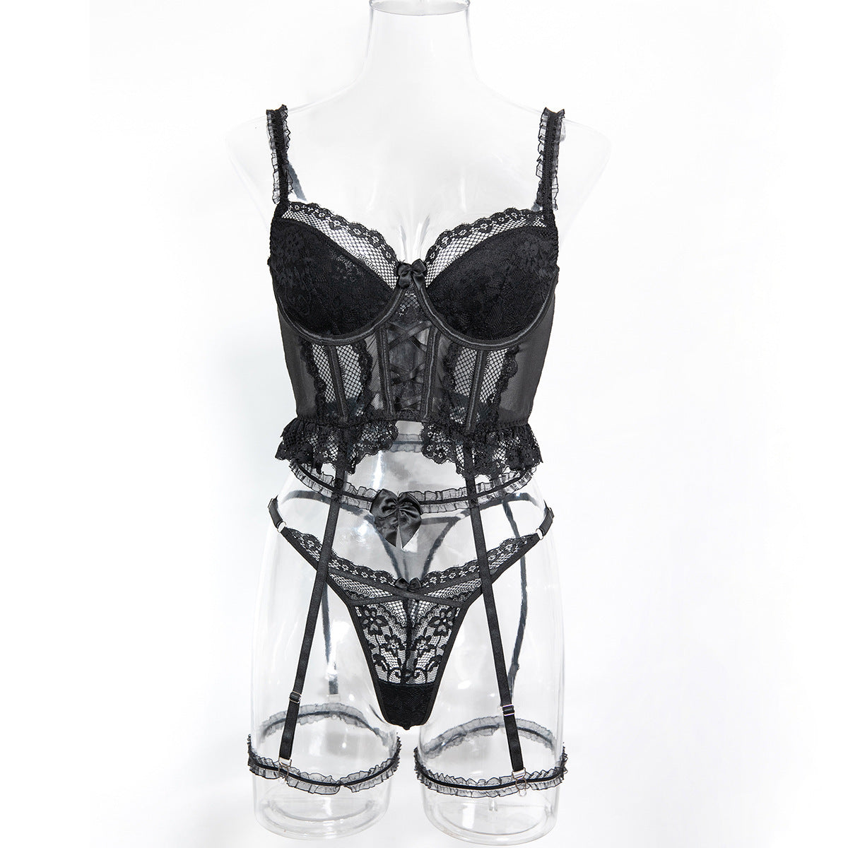 Lace Strappy Three-Piece Lingerie Set - Styled View