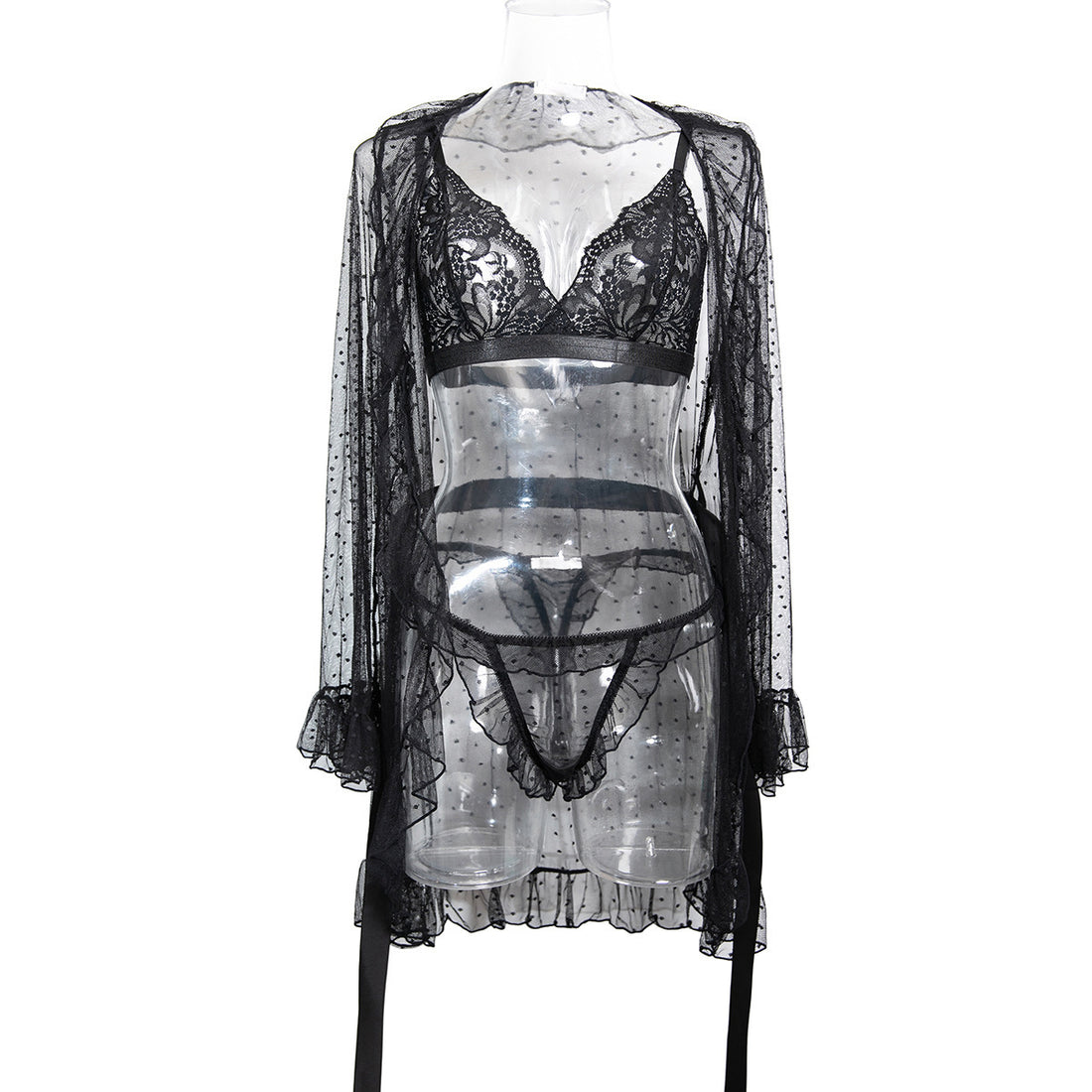 Polka Dot Lace Three-Piece Lingerie Set - Styled View