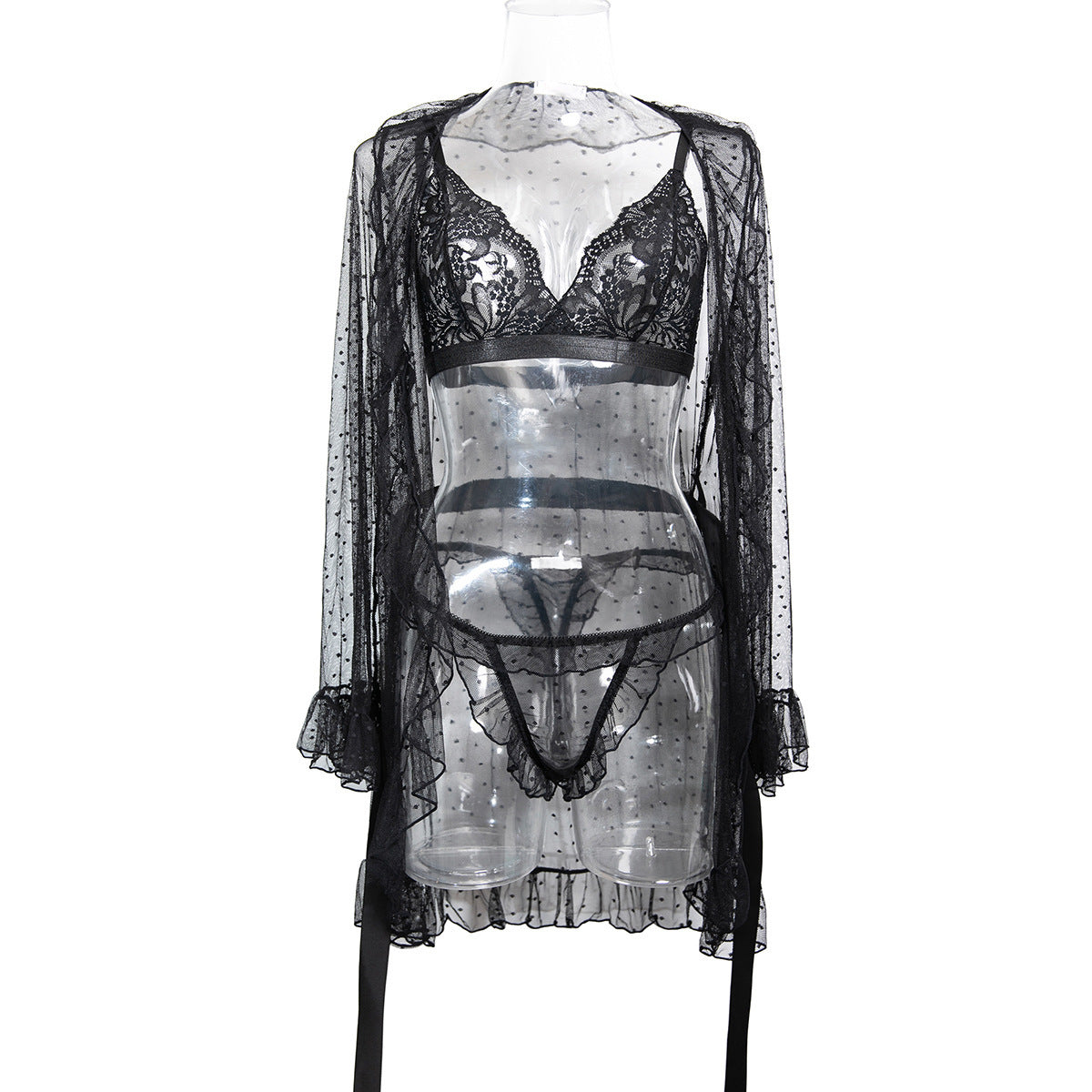 Polka Dot Lace Three-Piece Lingerie Set - Styled View