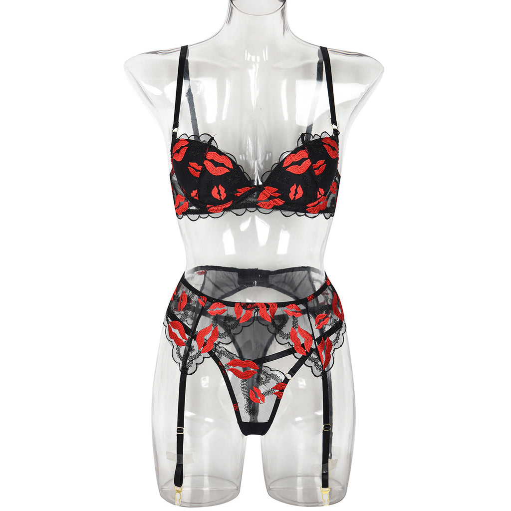 Black Floral Lace Garter Lingerie Set - Alternate View