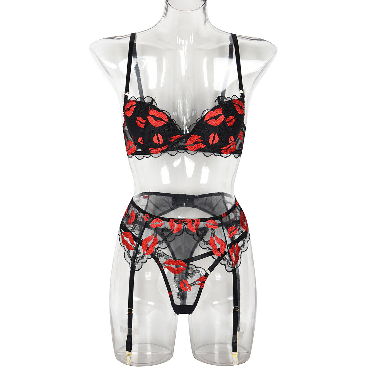 Black Floral Lace Garter Lingerie Set - Alternate View