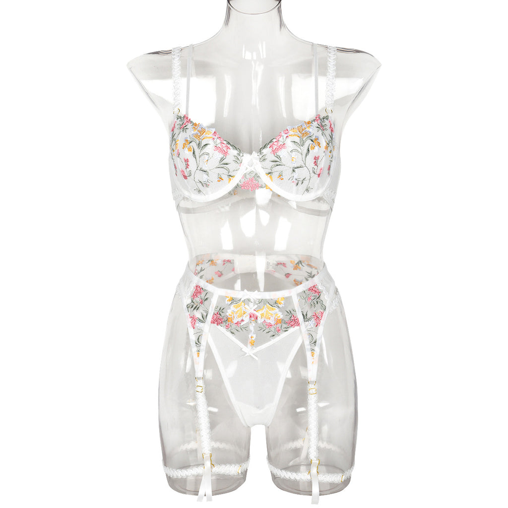 White floral embroidered bra and garter lingerie set front view - alternate view