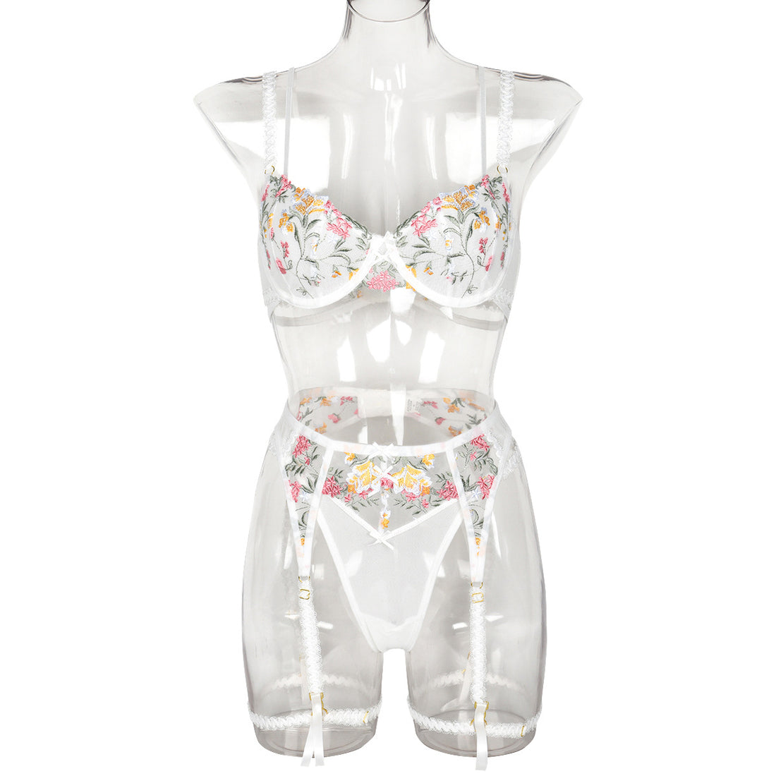 White floral embroidered bra and garter lingerie set front view - alternate view