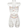 White floral embroidered bra and garter lingerie set front view - alternate view