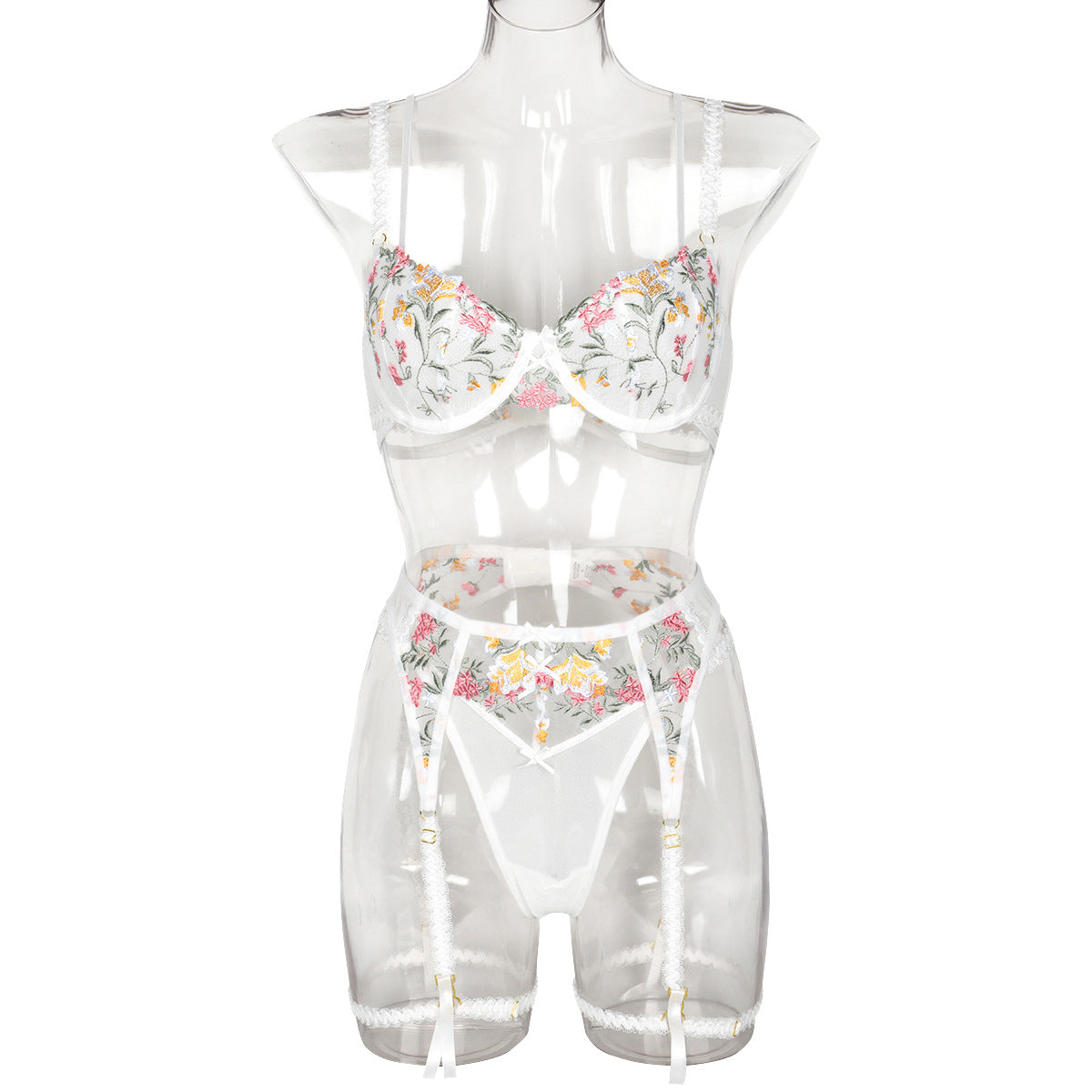 White floral embroidered bra and garter lingerie set front view - alternate view