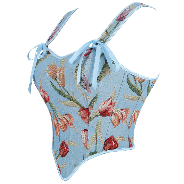 Blue Floral Tie-Strap Corset Top, alternate view 2