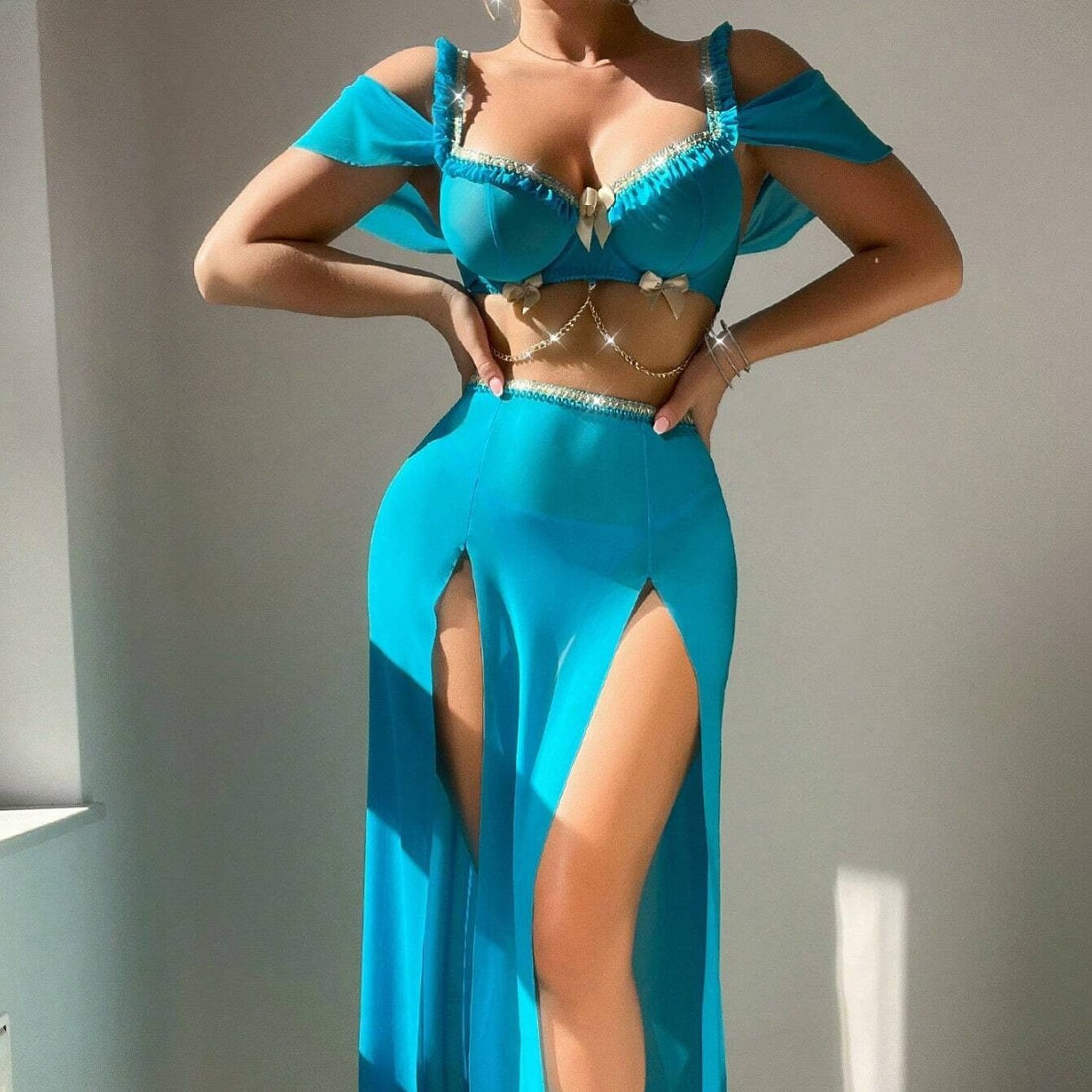 Turquoise Chain Bra and Skirt Lingerie Set, alternate view 3
