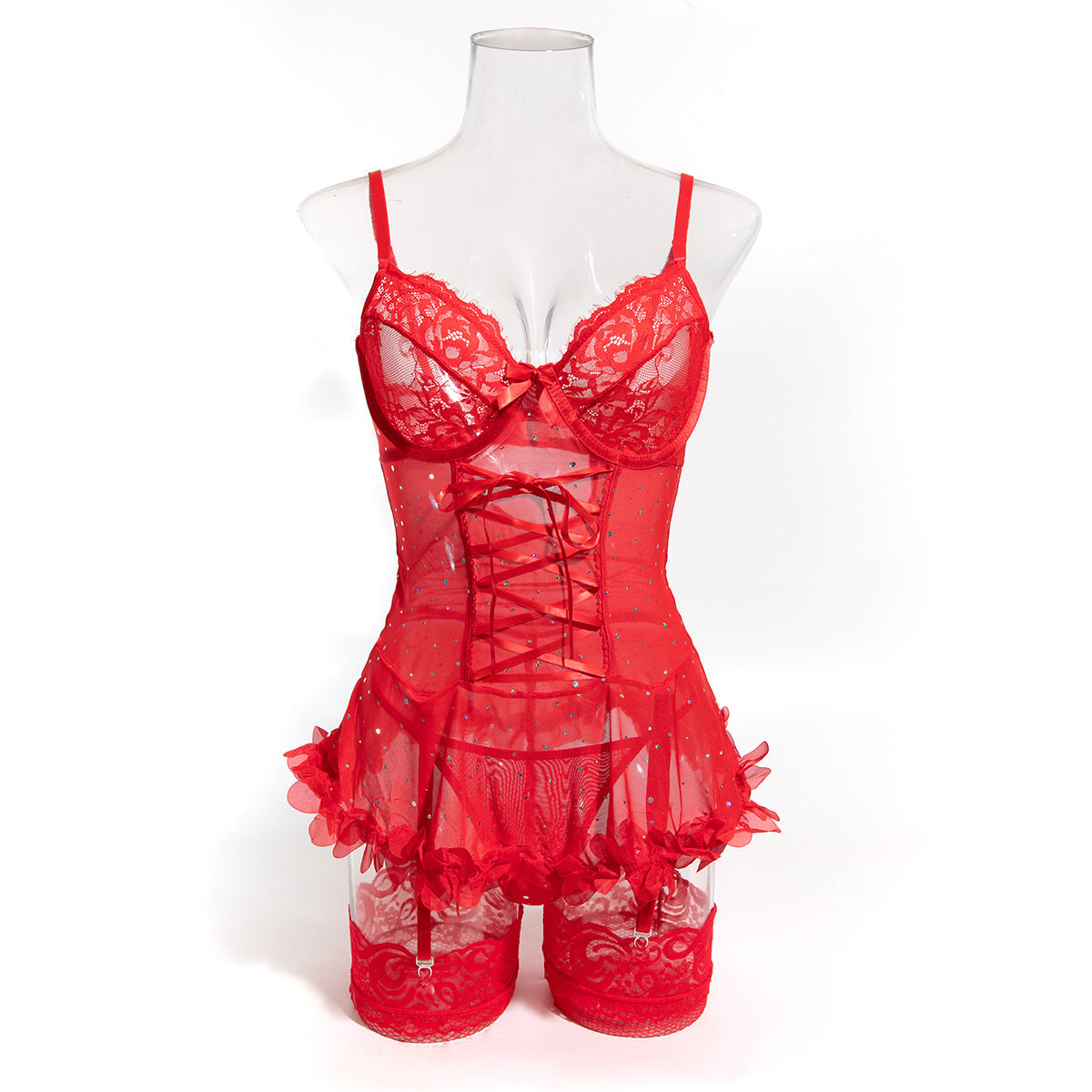 Holiday Lace Three-Piece Lingerie Set - Styled View