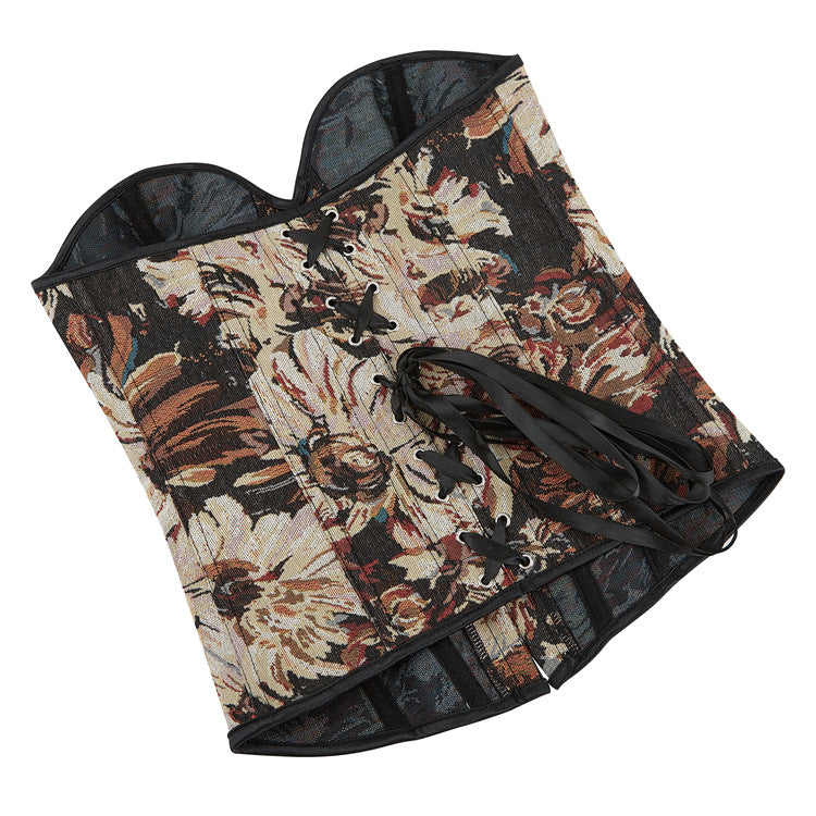 Black Floral Tapestry Zip-Back Corset Top, alternate view 5