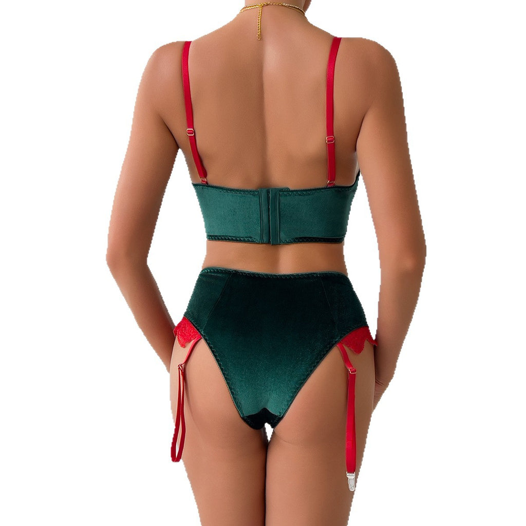 Green and red lace-look bralette and short set - alternate view
