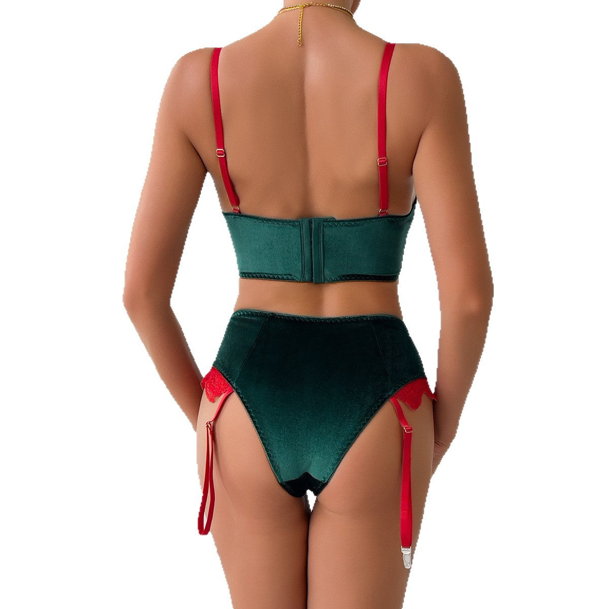 Green and red lace-look bralette and short set - alternate view
