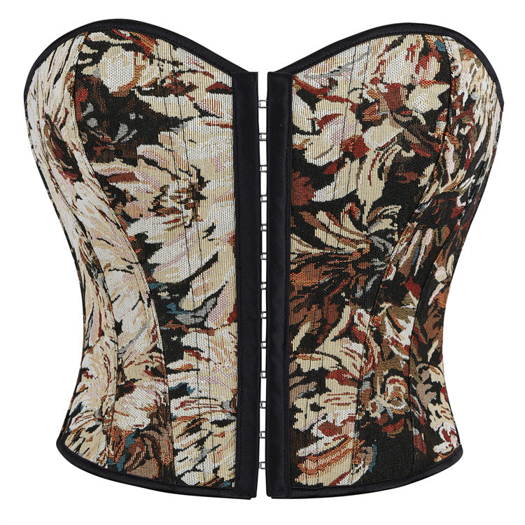 Black Beige Floral Tapestry Corset Top