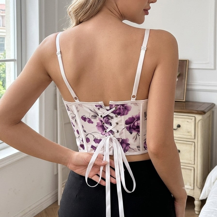 White Purple Floral Corset Top, alternate view 4