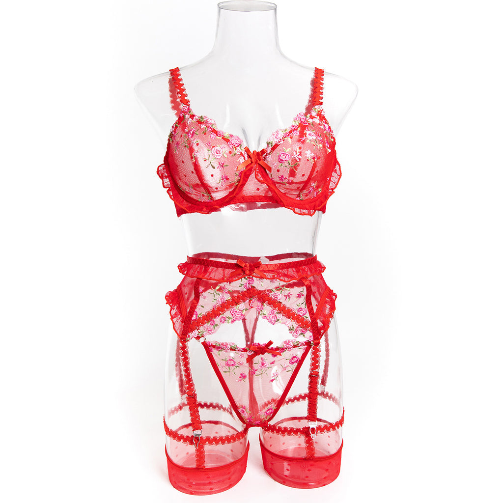 Lace Four-Piece Lingerie Set With Garter Belt - Alternate View