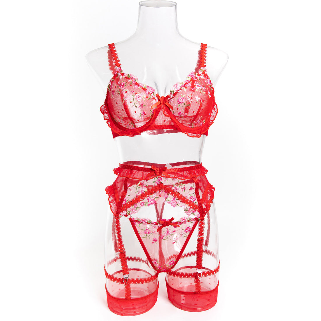 Lace Four-Piece Lingerie Set With Garter Belt - Alternate View