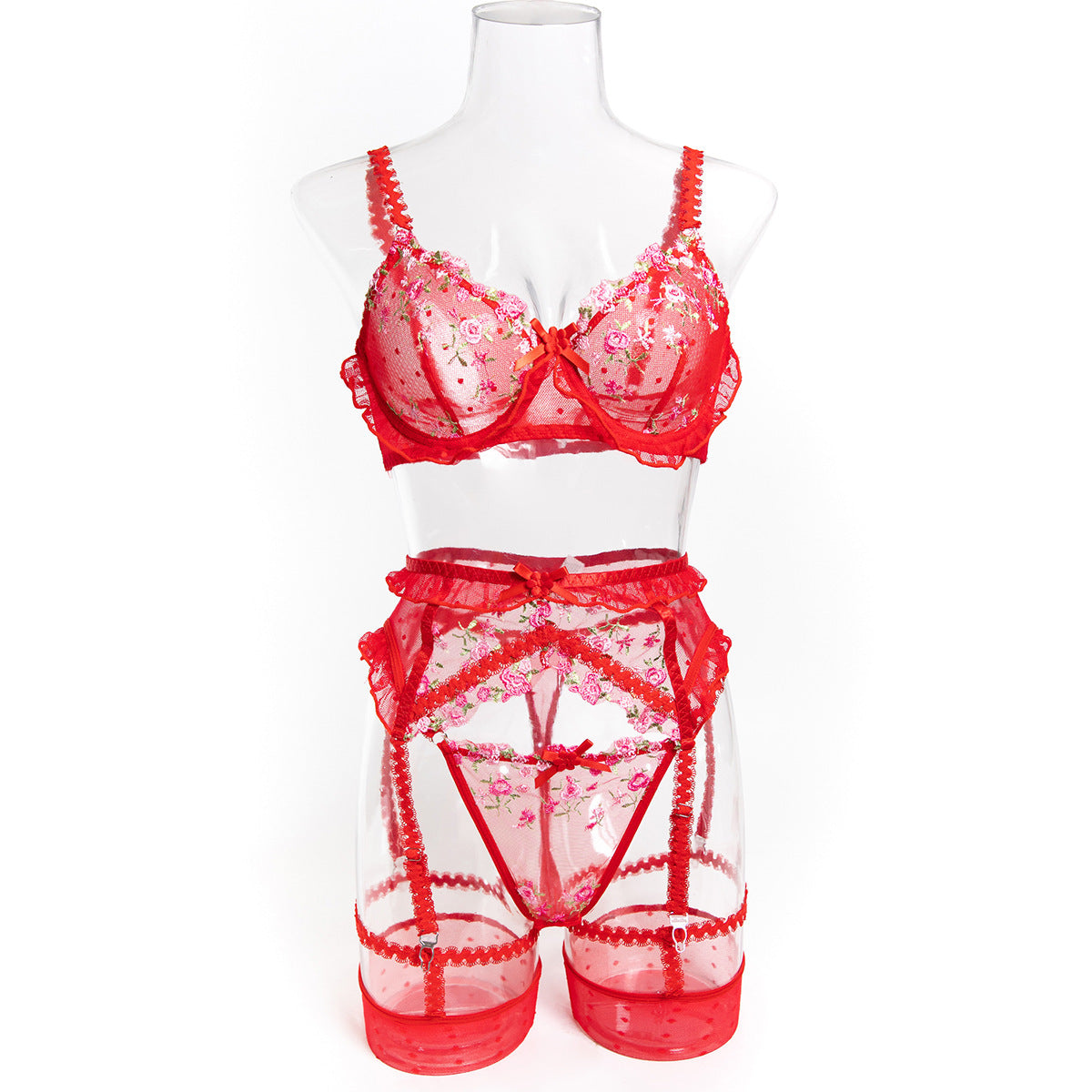 Lace Four-Piece Lingerie Set With Garter Belt - Alternate View