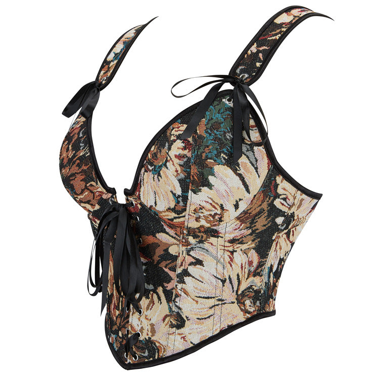 Black Floral Lace-Up Shoulder Corset Top, alternate view 2