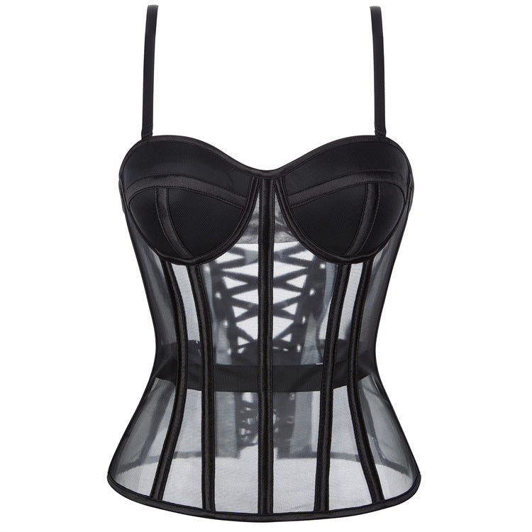 Black Sheer Panel Lace-Up Corset Top, alternate view 5