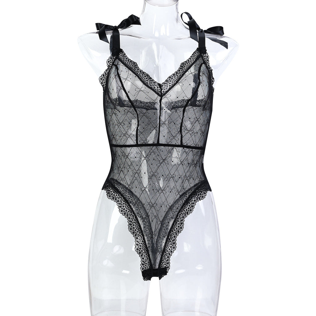 Strappy Bow Detail Lace Teddy Bodysuit - Styled View