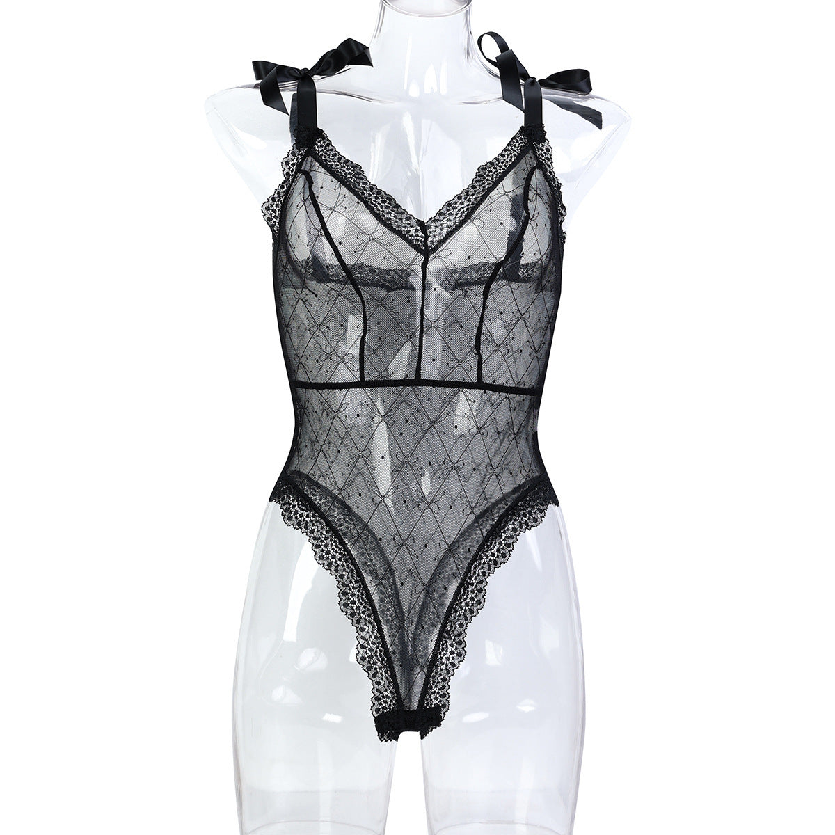 Strappy Bow Detail Lace Teddy Bodysuit - Styled View