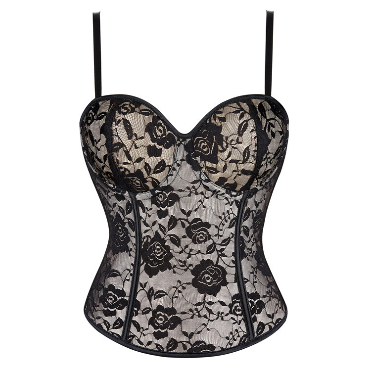 Black Floral Lace Strapless Corset Top