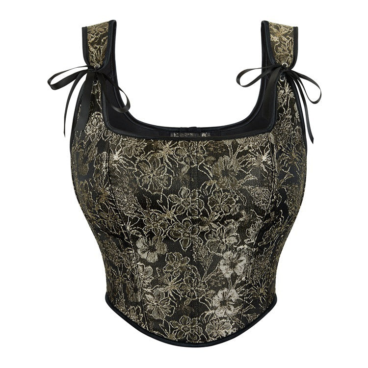 Black Gold Floral Tie-Strap Corset Top