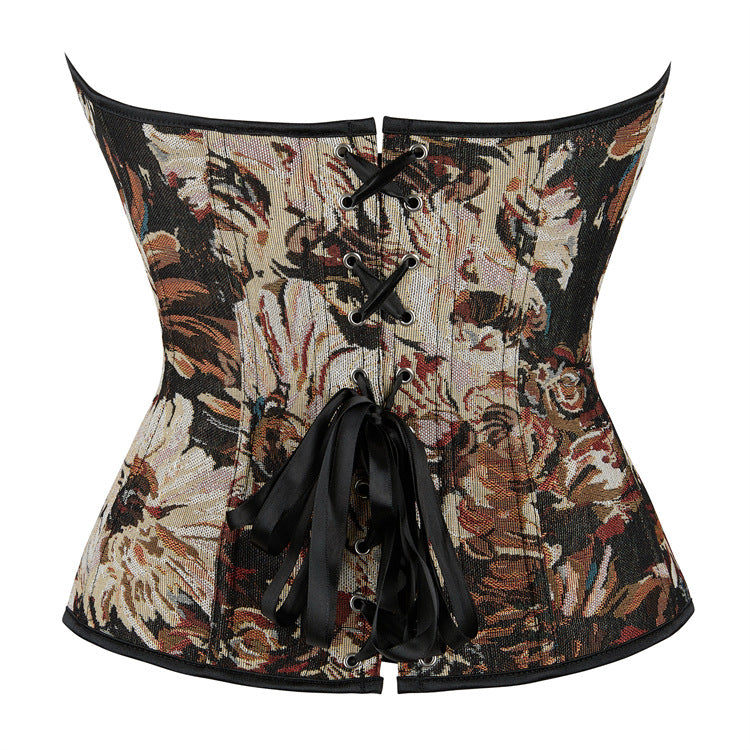 Black Floral Tapestry Zip-Back Corset Top, alternate view 3