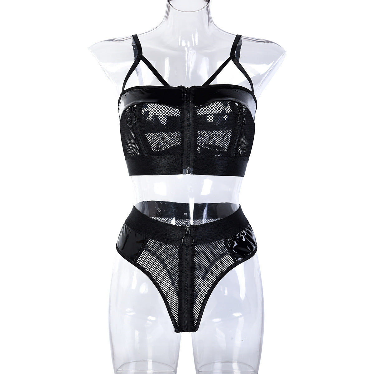 Mesh Faux Leather Lingerie Set - Alternate View