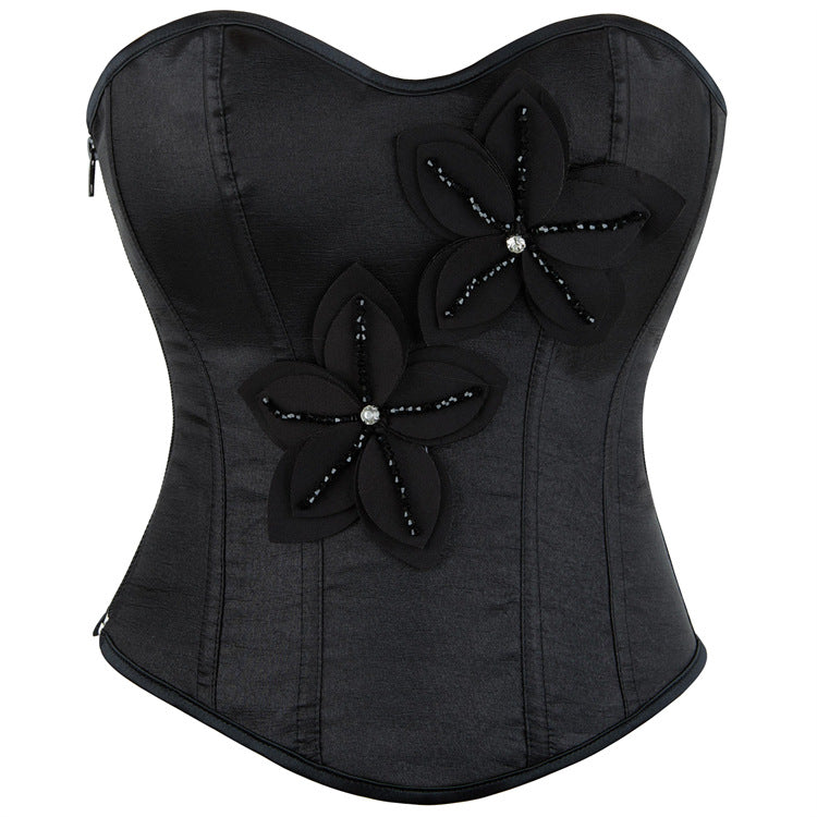 Black Floral Applique Strapless Corset Top