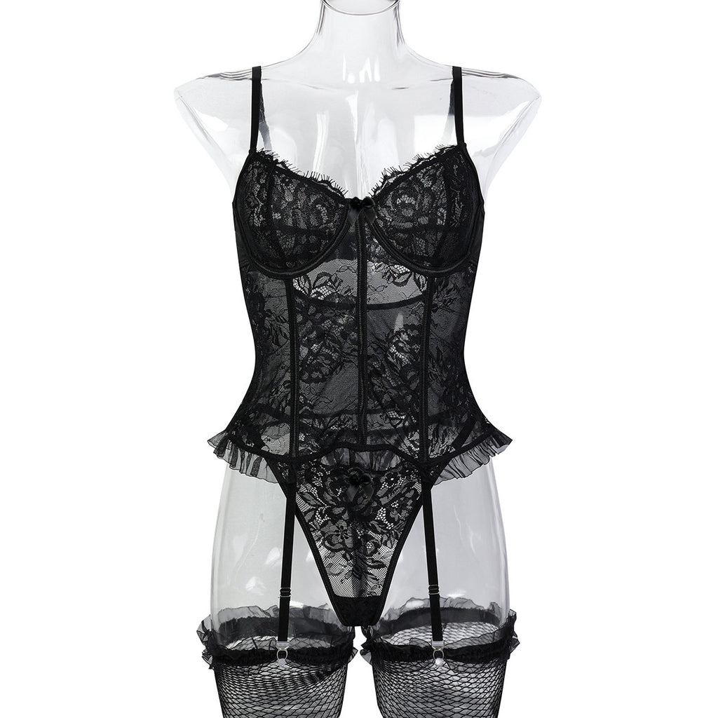 Black bow detail lace-look garter teddy bodysuit - alternate view