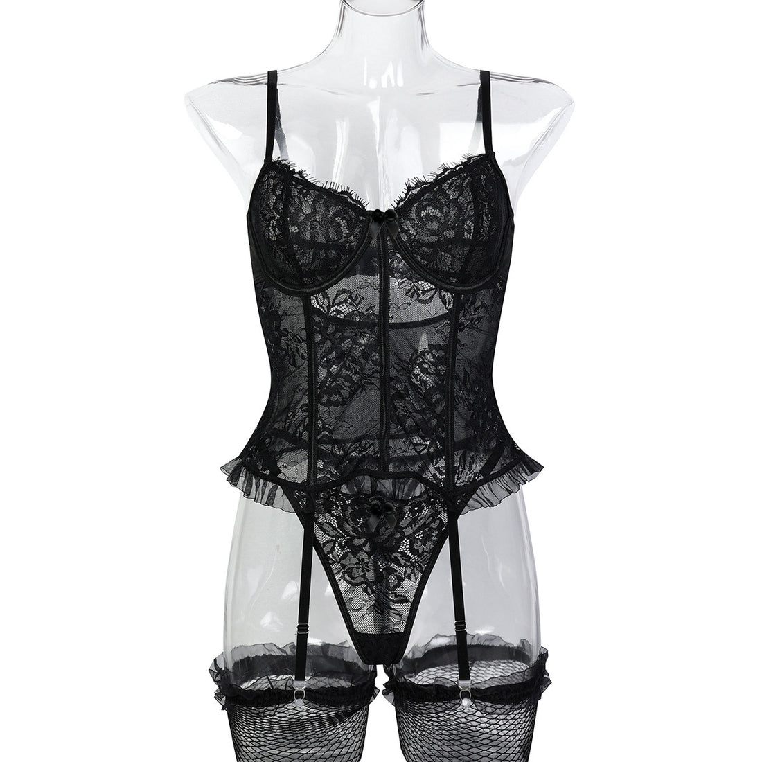 Black bow detail lace-look garter teddy bodysuit - alternate view