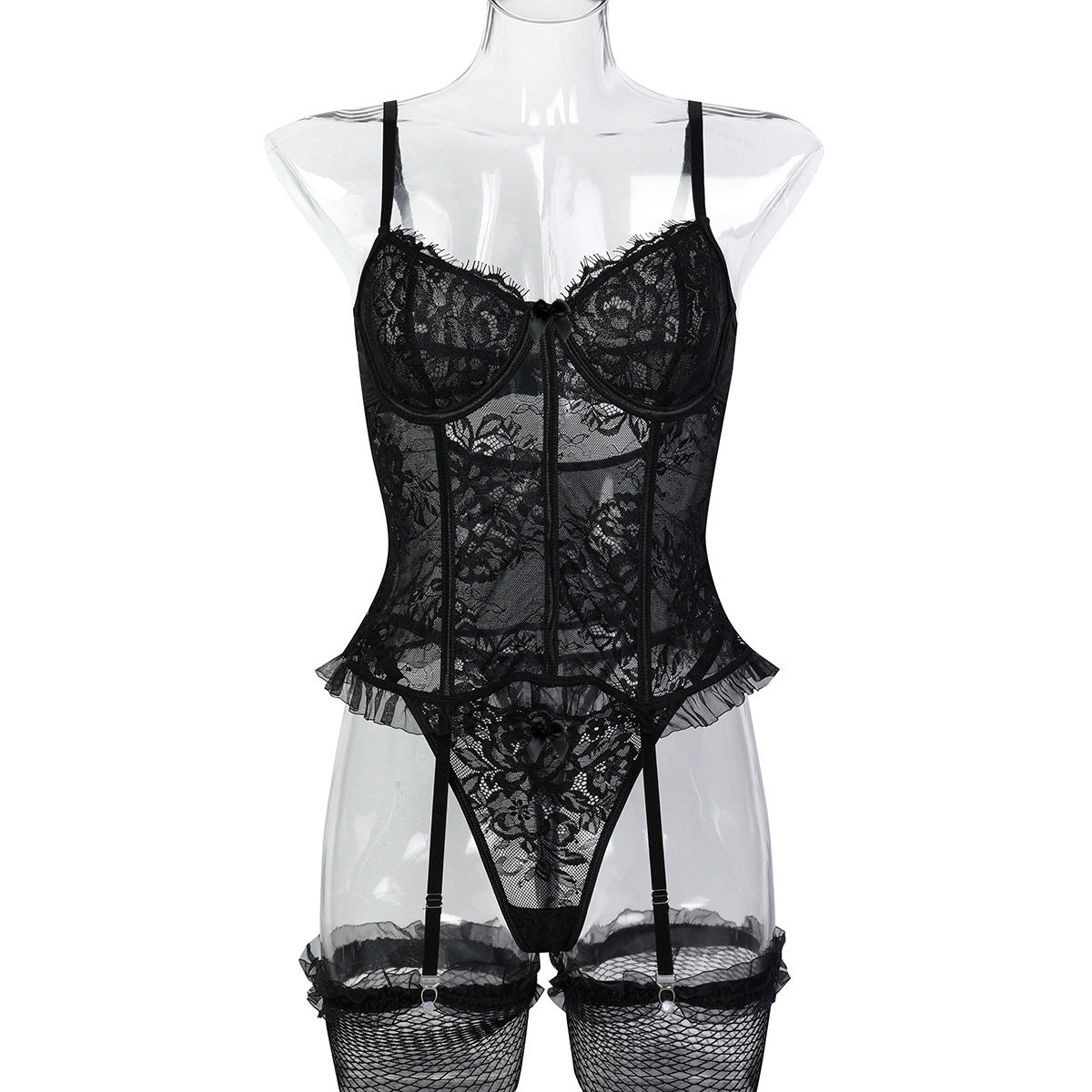 Black bow detail lace-look garter teddy bodysuit - alternate view