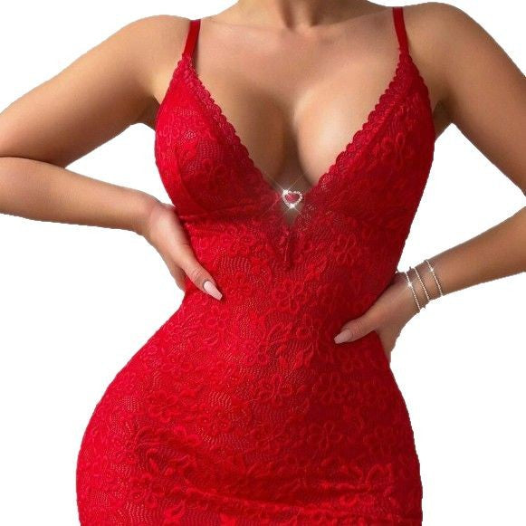 Red Lace V-Neck Chemise Nightdress, alternate view 5