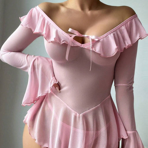 Red Ruffle Long-Sleeve Chemise Nightdress, alternate view 2