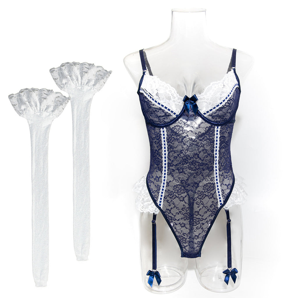 Navy Blue Floral Lace Lingerie Set - Alternate View