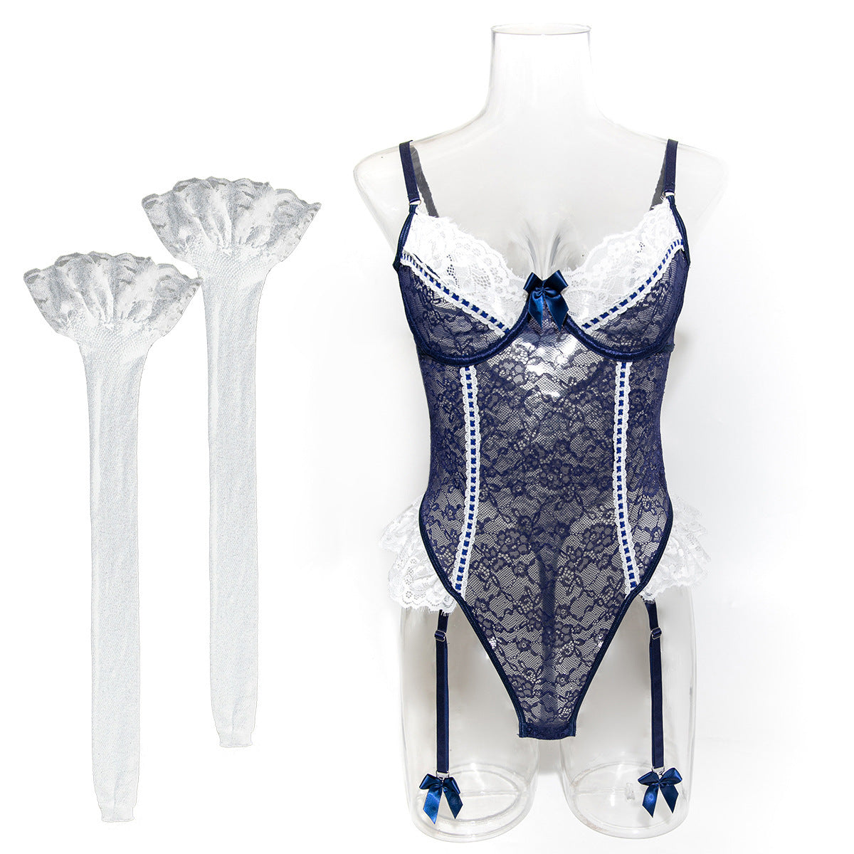 Navy Blue Floral Lace Lingerie Set - Alternate View