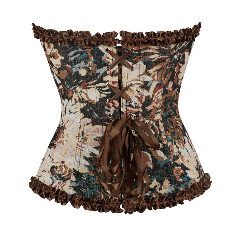 Black Floral Ruffle Lace-Up Corset Top, alternate view 3