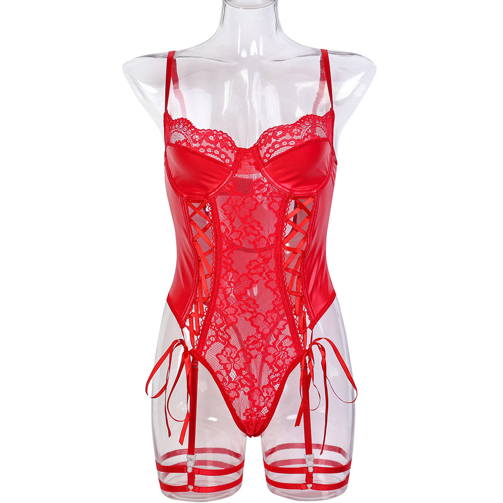 Cutout Lace Faux Leather Teddy Bodysuit - Styled View